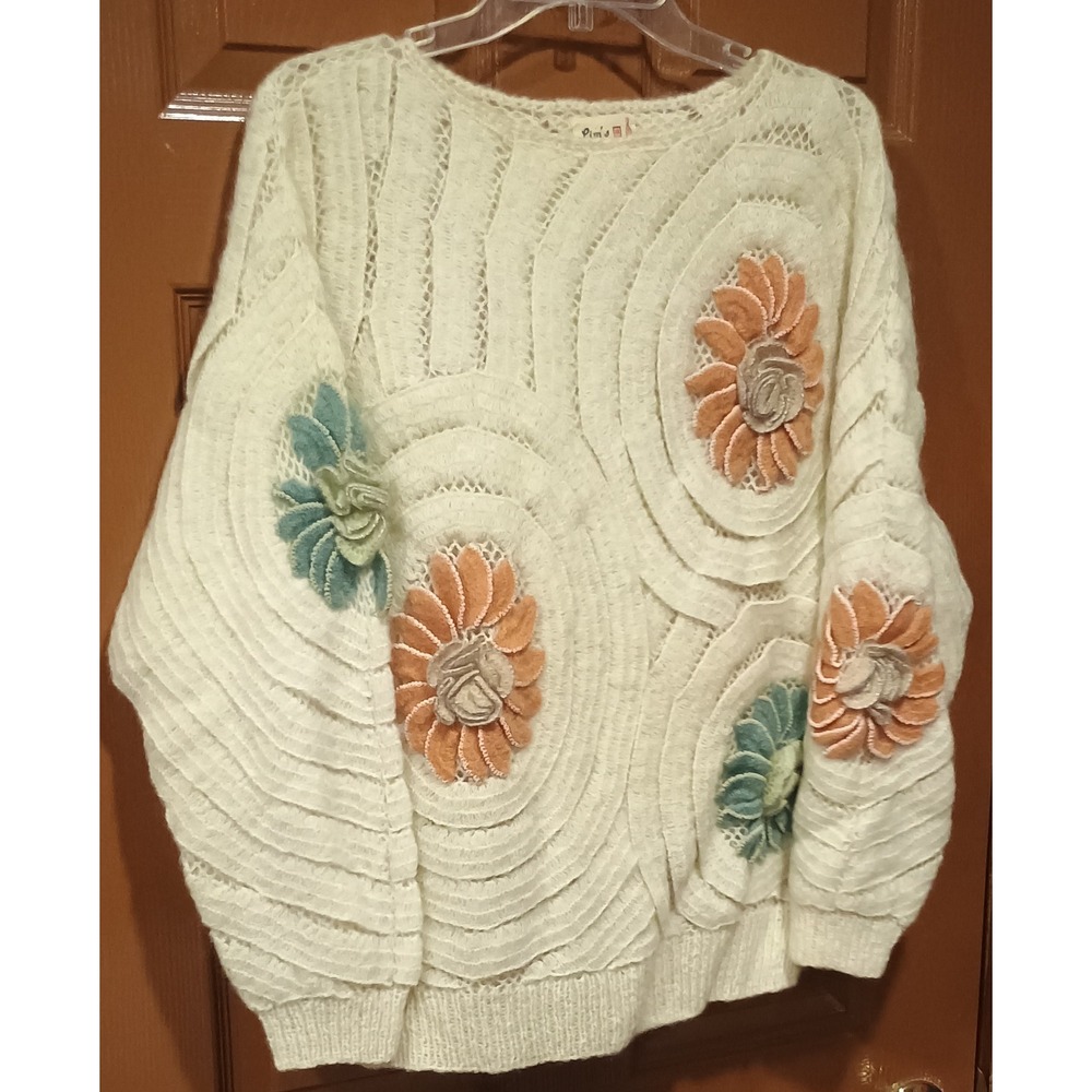 Lim's Mohair Sweater Women Large Cream 3D Floral Applique *Vintage* Art to Wear